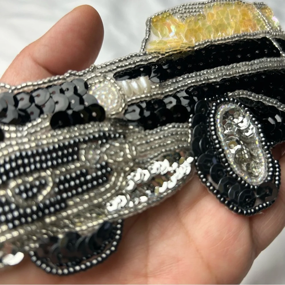 Vintage sequins black Chevy appliqué patch with beads New